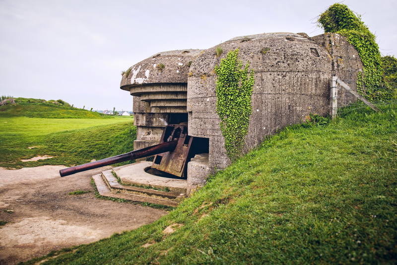 no people, growth, tranquility, german, daytime, stone wall, d-day, landmark, longues-sur-mer battery, france, inside, day, concrete, landscape, dome, battle