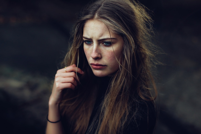 blue eyes, women, freckles, brunette, looking away, Camille Rochette, 1080P