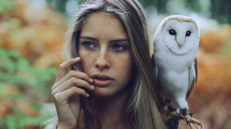one person, day, 1080P, long hair, focus on foreground, front view, owl, hair, young women, headshot, adult, birds, face, portrait, animals, women, close-up
