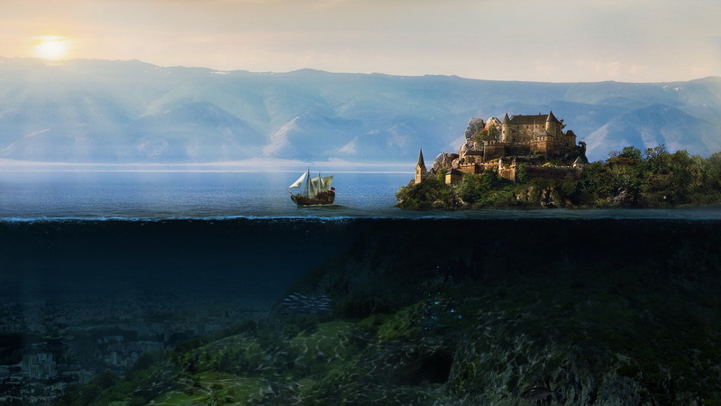 mountains, underwater world, castle, the sun, island, the ocean, korabl, 1080P