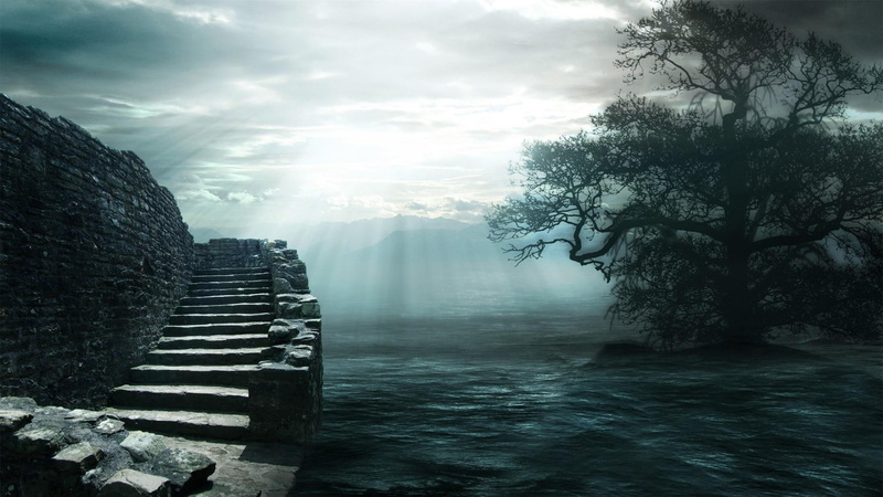 1080P, ghost, ladder, sea, fantasy, castle