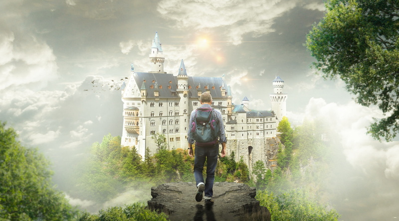 is, fantasy, Ghost, Mirage, male, hallucination, the sky, steps, Neuschwanstein, fog, the wanderer, backpack, castle, tourist, traveler, journey, sleep