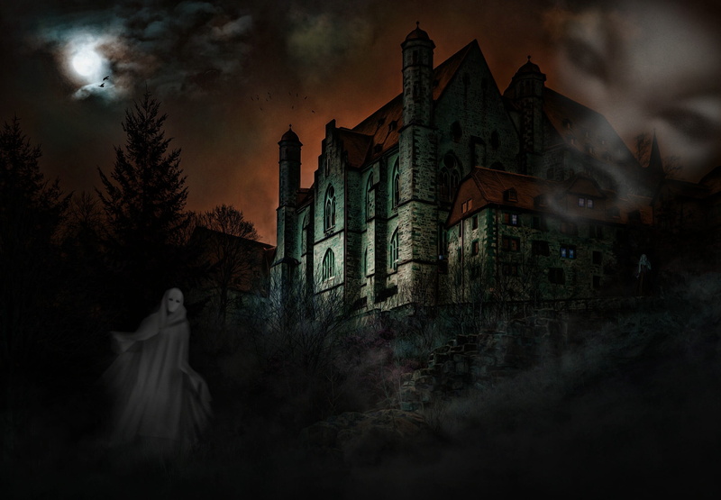 mystery, creepy, dark, mood, night, clouds veil, architecture, 2K, celebration, building exterior, gothic style, horror, fear, tree, evil, halloween, fog