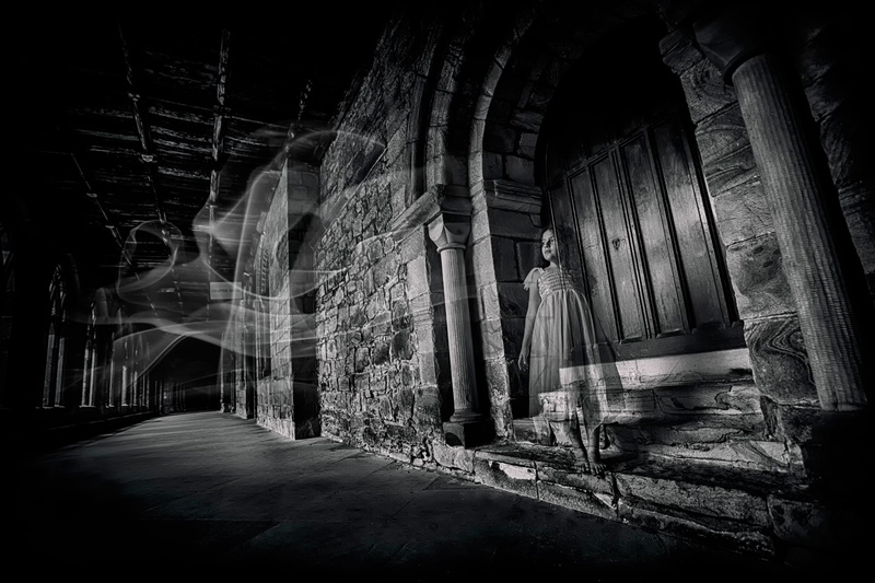 history, Ghost, girl, built structure, castle, place of worship, indoors, gothic style, architectural column, day, the past, no people, old