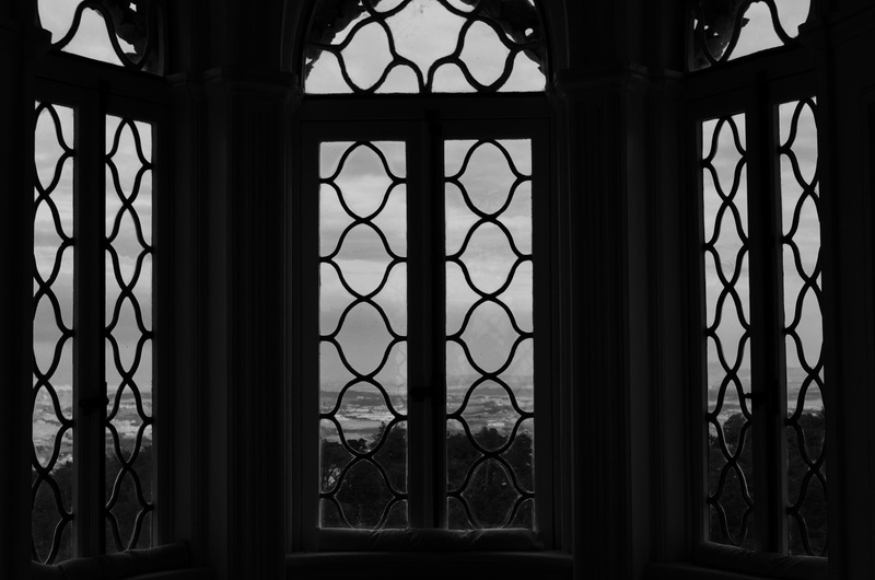 fence, sintra, security, metal, sea, portugal, view, window frame, architecture, grate, close-up, day, romance, park and national palace of pena, sky, building