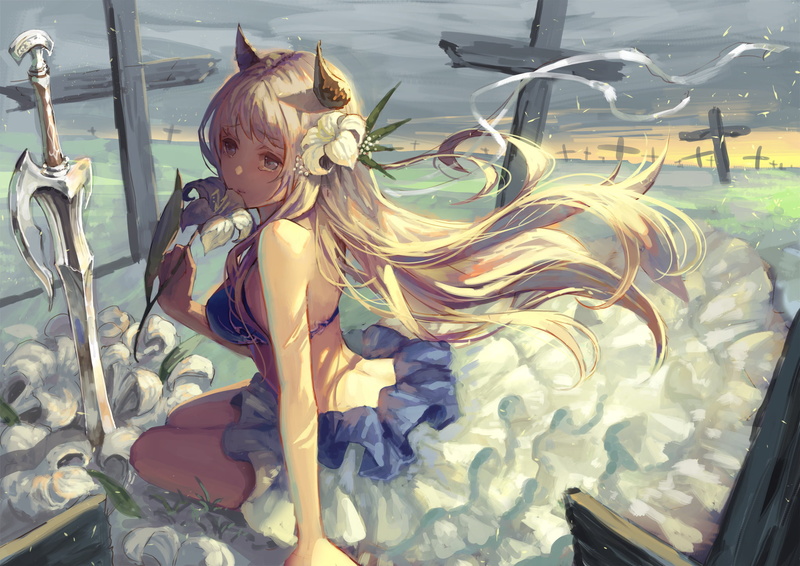 tears, anime girls, 2D, 1080P, ribbon, cross, horns, sitting, long hair, flower in hair, fantasy girl, illustration, cemetery, sword, flowers, women, original characters