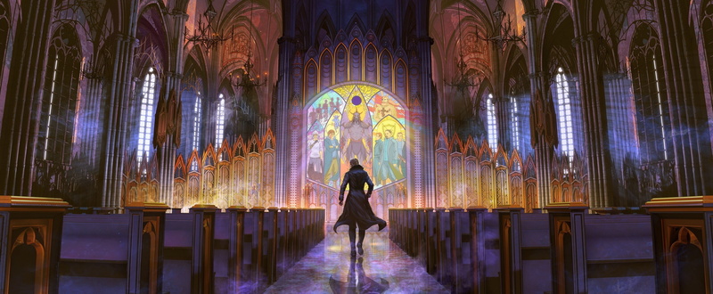 2K, fantasy art, interior, artwork, bench, cathedral, stained glass, church