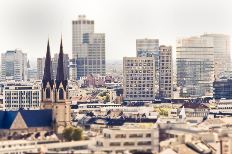 metropolis, skyline, town center, building, düsseldorf, modern, built structure, skyscrapers, miniature effect, perspective, architecture, urban, sky, overview