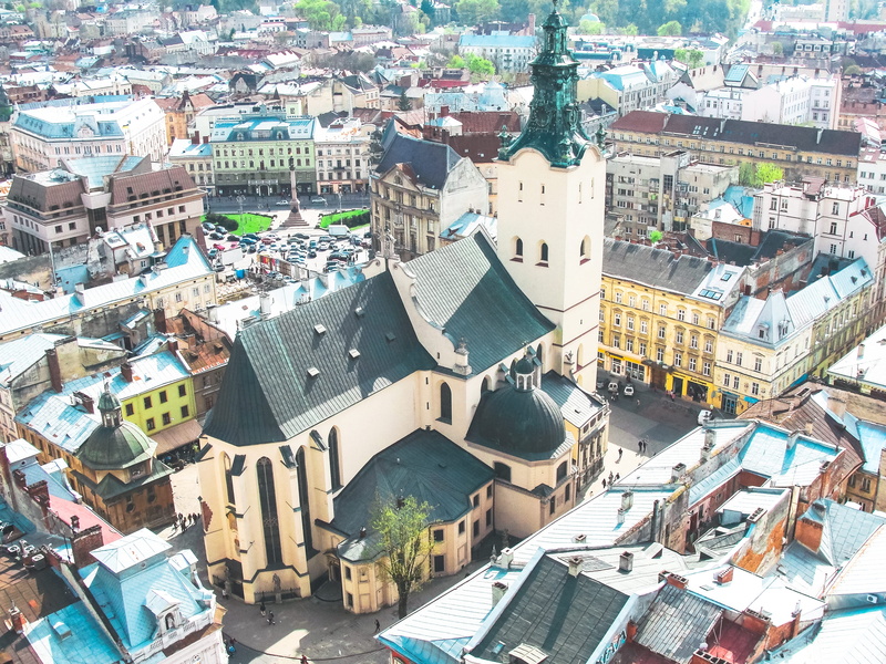 roman catholicism, view, gothic art, built structure, sunlight, statue, town, travel destinations, ukraine, lviv latin cathedral, eclecticism, mickiewicz