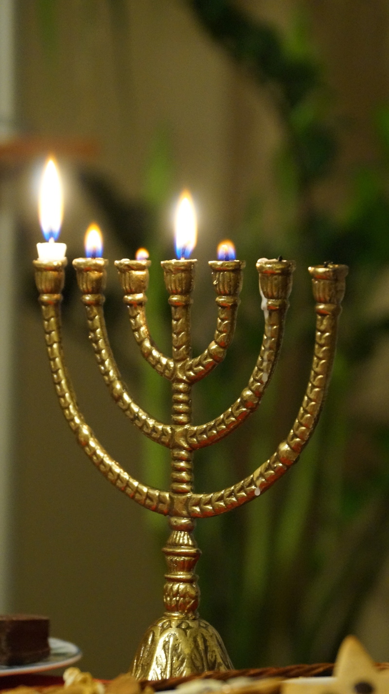 jewish, bible, christian, fire - natural phenomenon, lighted, four, ornate, candle, focus on foreground, flame, gold, gold colored, menorah, indoors, candlestick holder