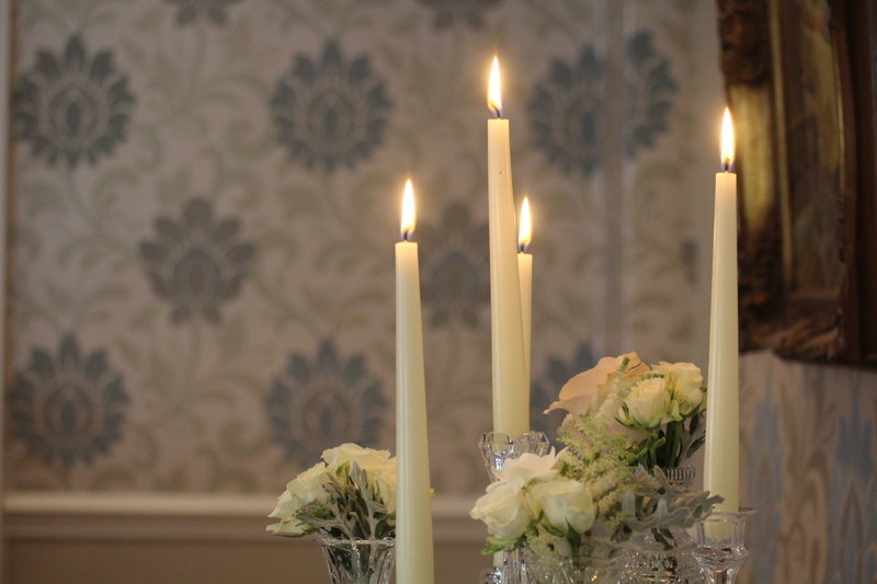 candlestick holder, focus on foreground, ring, reception, marriage, party, white, setting, dining table, plant, wedding decoration, wine, elegant, celebrate