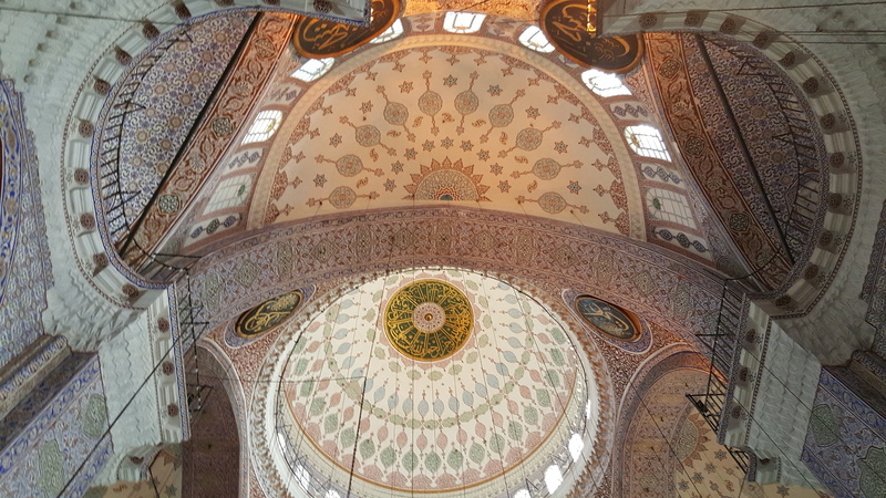 low angle view, Architecture, no people, Mosque, old, dome, building, ornate, fresco, Turkey, directly below, travel, tourism, pattern, belief, turkish