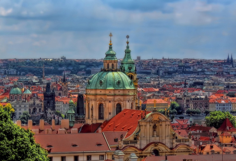 building exterior, outdoors, belief, cloud - sky, no people, Lesser Town, Czech Republic, cityscape, travel destinations, building, panorama, temple, Mala Strana