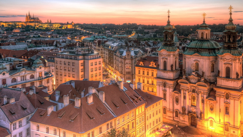travel destinations, st. nicholas church, high angle view, no people, urban area, st nicholas church, history, cz, nature, spire, evening, cityscape, built structure