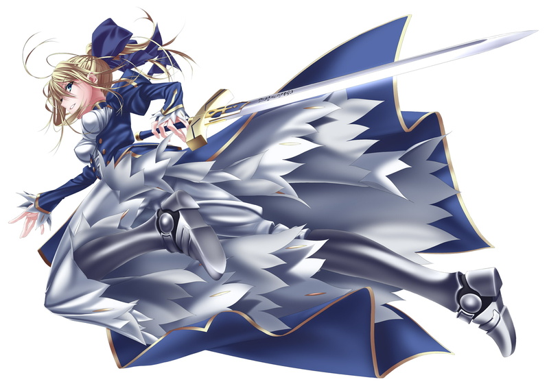 aqua, long, armor, blonde, pixiv7798, stay, bow, fate, 1080P, saber, weapon, dress, hair, doa, sword, night, eyes