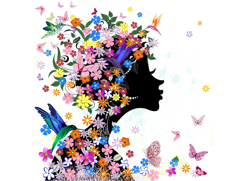 pattern, one person, birds, covered, standing, white background, abstract, butterflies, painted Image, girl, springtime, flower, clip, flowers, design