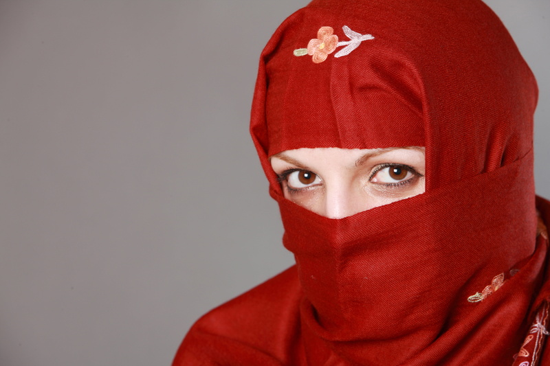 headshot, person, front view, wearing, close-up, indoors, female, red, muslims, human face, human body part, seclusion, celebration, view, head, muslim woman