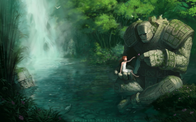 golem, soft, waterfalls, hd, 720P, fantasy art, art, x, shading, Jungle, abstract, fantasy, artwork