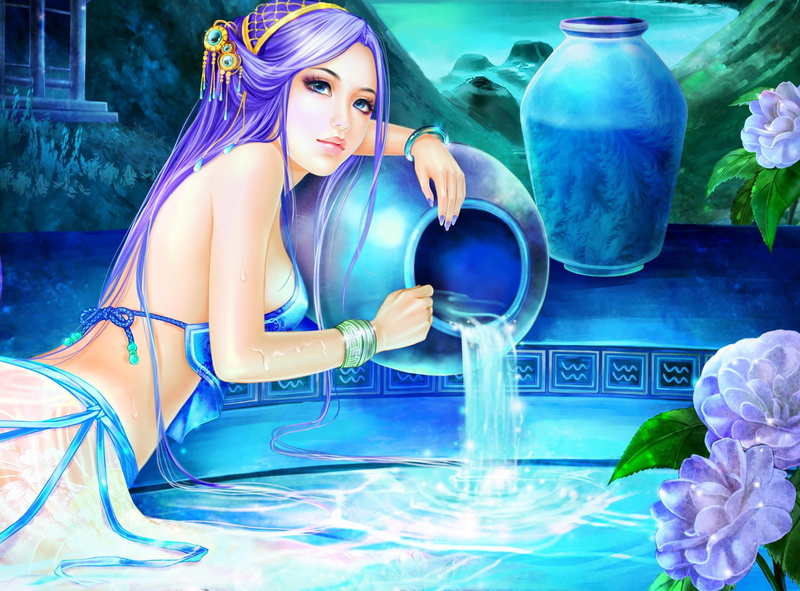 girl, holding, pool, magical, 2K, illustration, woman, water, anime, fantasy, character, jar
