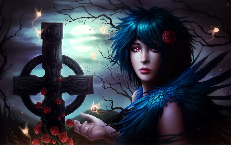Moon, Dark, character, Woman, illustration, 1080P, Fairy, Gothic, Fantasy, Flower, Blue Hair, Cross, Sad, female, Night