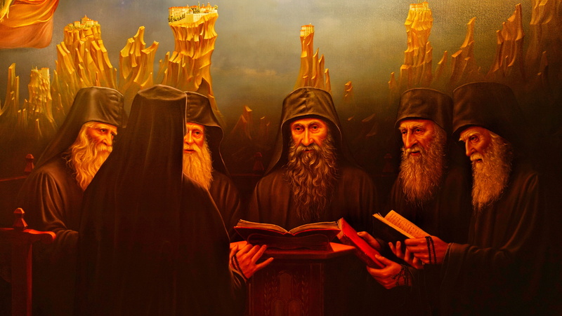 monastery, place of worship, group of people, traditional clothing, praying, clothing, representation, human representation, candle, 5K, men, people, orthodox