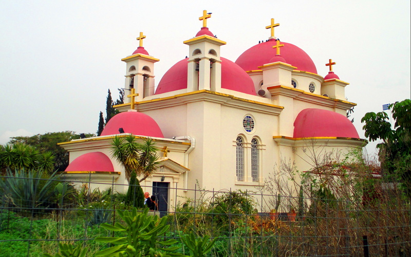 outdoors, church, plant, low angle view, belief, israel, no people, place of worship, dome, building, built structure, day, religion, orthodox, capernaum