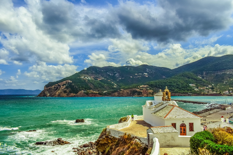 morning, tranquil scene, greek, religion, orthodox, sporades, white, 5K, nature, aegean, clouds, autumn, landscape, water, tourism, island, scenics - nature