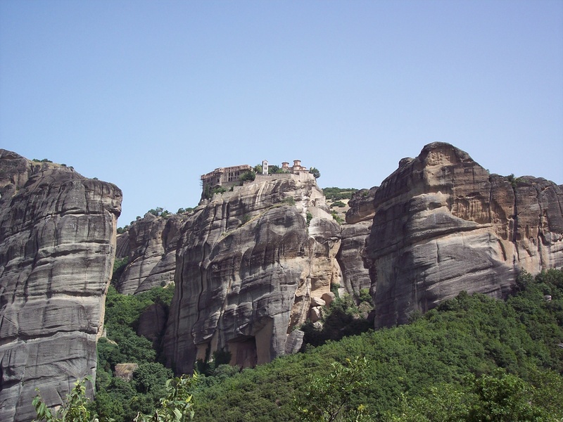 orthodox, old, religion, tranquility, greek, low angle view, sky, tree, formation, greece, architecture, rock formation, rock, no people, monastery, land