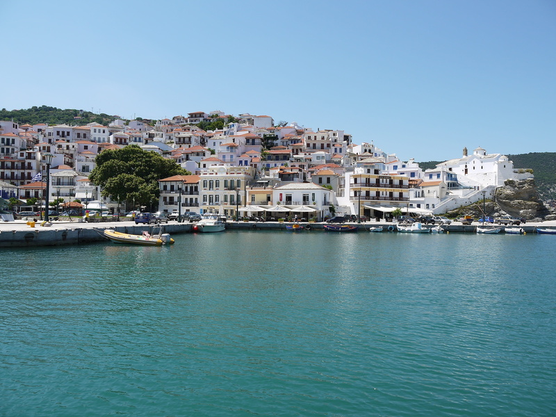 residential district, building exterior, aegean, orthodox, land, outdoors, sailboat, europe, cityscape, beach, Town, traditional, nautical vessel, waterfront