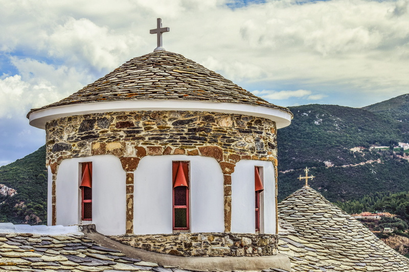 5K, mountain, place of worship, no people, architecture, nature, roof tile, skopelos, the past, dome, spirituality, cloud - sky, history, christianity