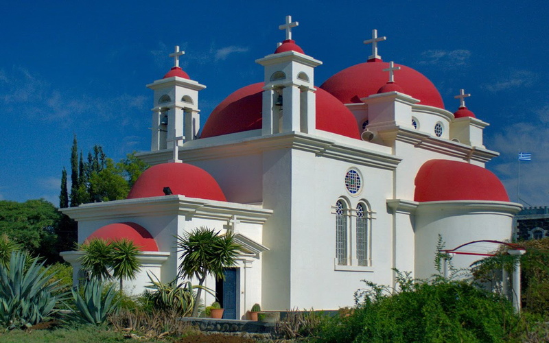 2K, seven, apostles, greek, pink, church, domed, crosses, roof, orthodox