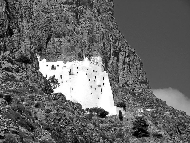 building, 2K, solid, rock, cliff, monochrome, tree, religion, no people, tourism, formation, Amorgos, Monastery, building exterior, abbey, greyscale, built structure