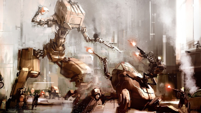 war, city, lighting equipment, people, fantasy art, mech, building exterior, 1080P, men, architecture, music, group of people, robot, digital