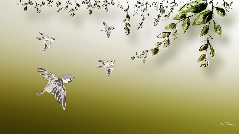 birds, oriental, drawn, 1080P, green, olive, limb, leaves, abstract, spring, tree, life, firefox persona
