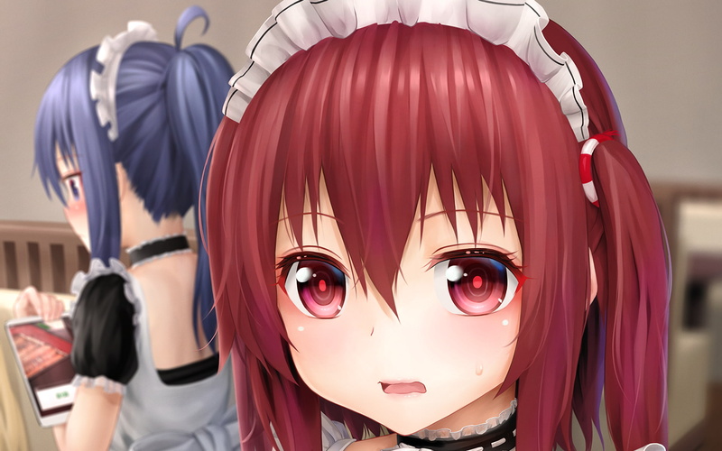 mask, red, front view, obscured face, indoors, looking at camera, leisure activity, focus on foreground, portrait, costume, anime girls, Motoba Kirie, day
