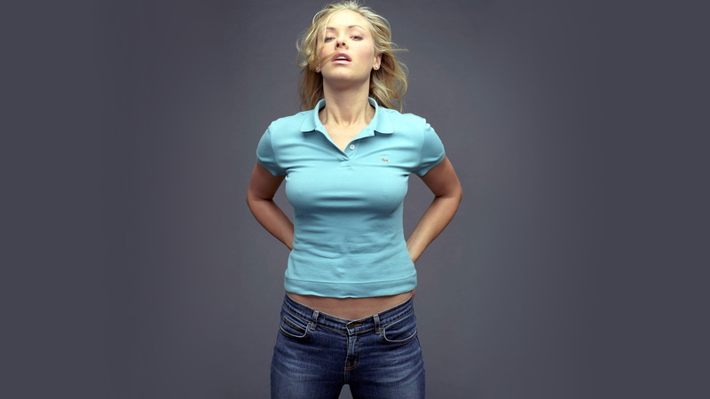 Kristanna Loken, jeans, gray background, actress, blonde, women, 5K
