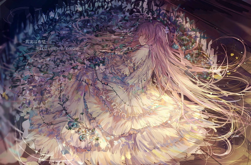 480P, anime, Mahou Shoujo Madoka Magica, twintails, anime girls, laying on side, flower petals, flowers, white dress, long hair, Kaname Madoka, sleeping