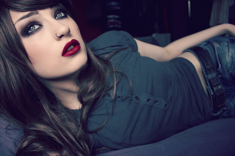 Niky Von Macabre, laying on side, lipstick, lolina green, jeans, brunette, shirt, nose rings, women, 4K, belt
