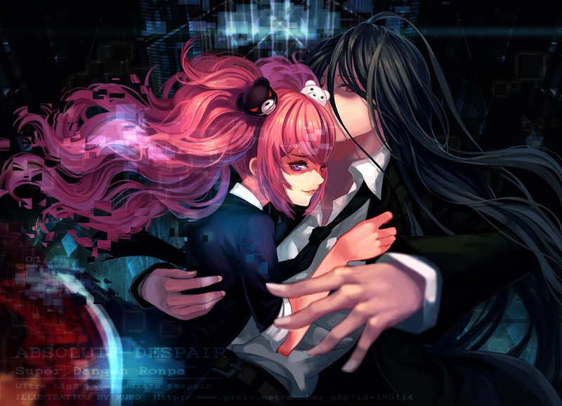 Izuru Kamukura, Danganronpa 2: Goodbye Despair, Junko Enoshima, Pink Hair, Pink Eyes, Twintails, 720P, Danganronpa, Video Game, Black Hair, Red Eyes, Long