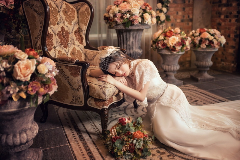 brunette, hair ornament, white dress, chair, flowers, women, laying on side, flowerpot, 1080P, model, Asian, long hair, sleeping