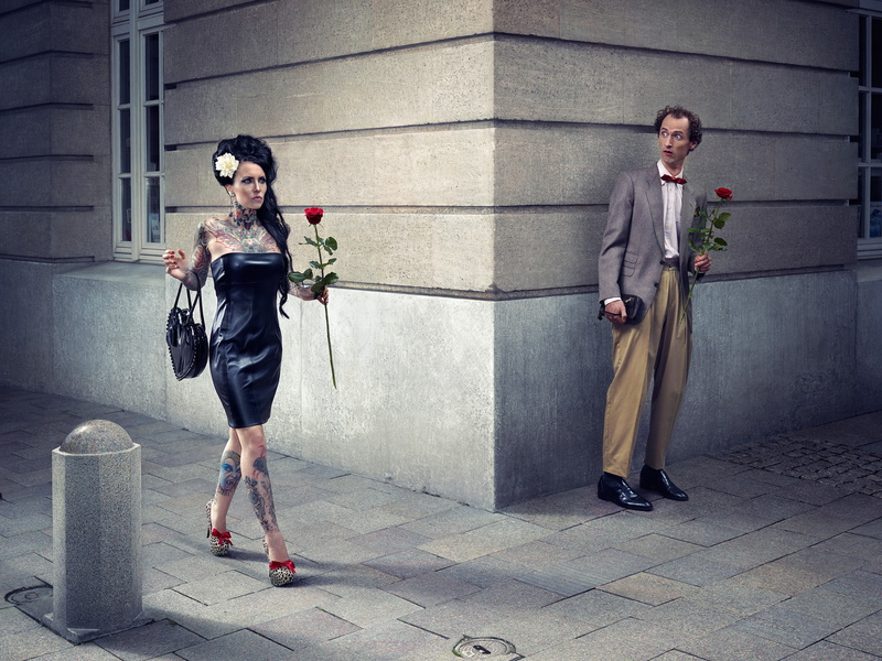 tattoo, women, surprised, inked girls, 1080P, high heels, leather dress, flowers, photo manipulation, humor, rose, date, street, men, Arthur Mebius