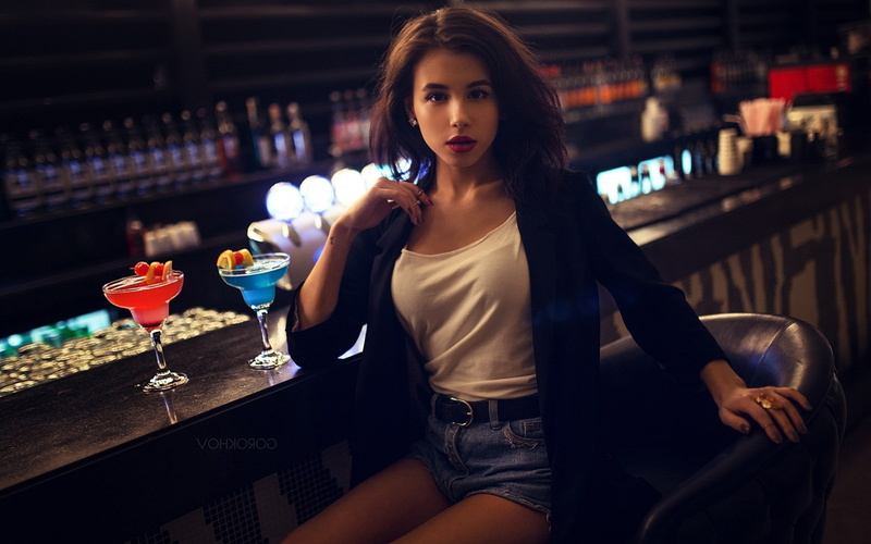 Open Mouth, nightlife, adult, Tank Top, portrait, sitting, model, drinking, young women, drink, happy hour, 1080P, women, brunette, Long Hair, bar - drink establishment