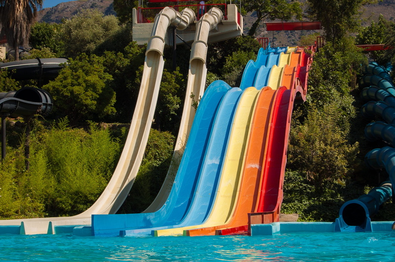 the sun, crete, greece, sunlight, slide, water park, outdoors, no people, 2K, built structure, red, day, choice, holidays, multi colored, in a row, water