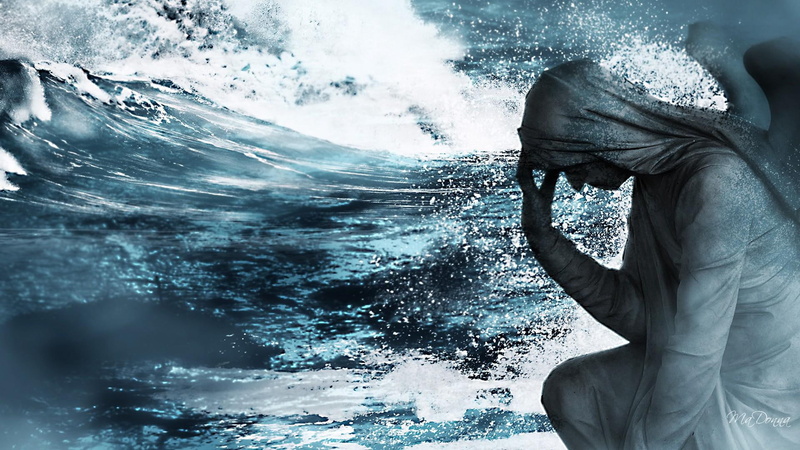 thinking, gothic, lost, ocean, waves, goth, blue, 1080P, gray, sorrow, angel, firfefox persona, dark, statue, water