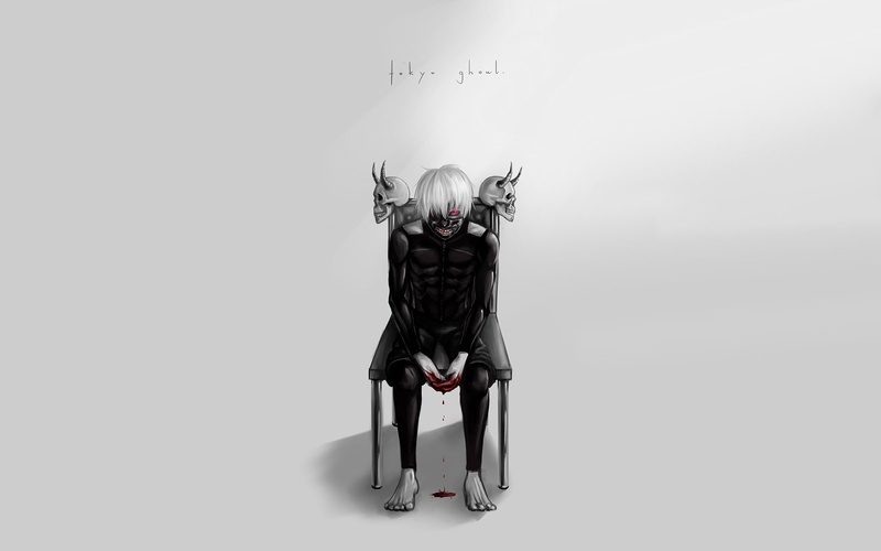 Blood, Teeth, Sitting, Anime, Red Eyes, 1080P, Ken Kaneki, Mask, Tokyo Ghoul, Creepy, Skull, Boy, White Hair, Barefoot, Dark, Chair