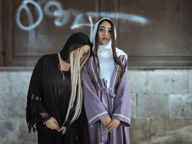 wearing, front view, young adult, contemplation, scarf, long hair, beauty, beautiful, eyes, photoshoot, models, blond hair, dress, headscarf, standing