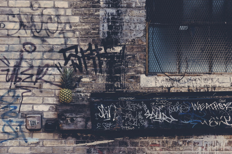 city, fruit, no people, town, building, staircase, 4K, brick wall, pineapple, brick, vandalism, wall, built structure, dirty, building exterior, text