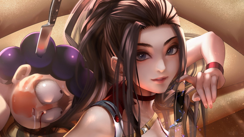 long hair, knives, dead, nose bleed, handprints, slapped, anime, gray eyes, 4K, series, Minoru Mineta, brunette, ponytail, Momo Yaoyorozu, Boku no Hero Academia