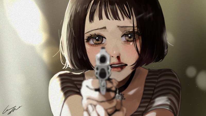 stripped shirt, Mathilda, gun, bangs, nose bleed, brown eyes, choker, anime, brunette, Leon, 1080P, short hair, anime girls