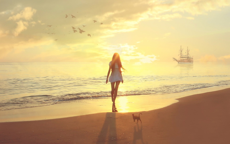 Sea, Sailboat, Beach, Girl, Cat, Sunset, 1080P